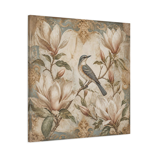 Main Mockup. Songbird On Floral Magnolia shown as canvas print
