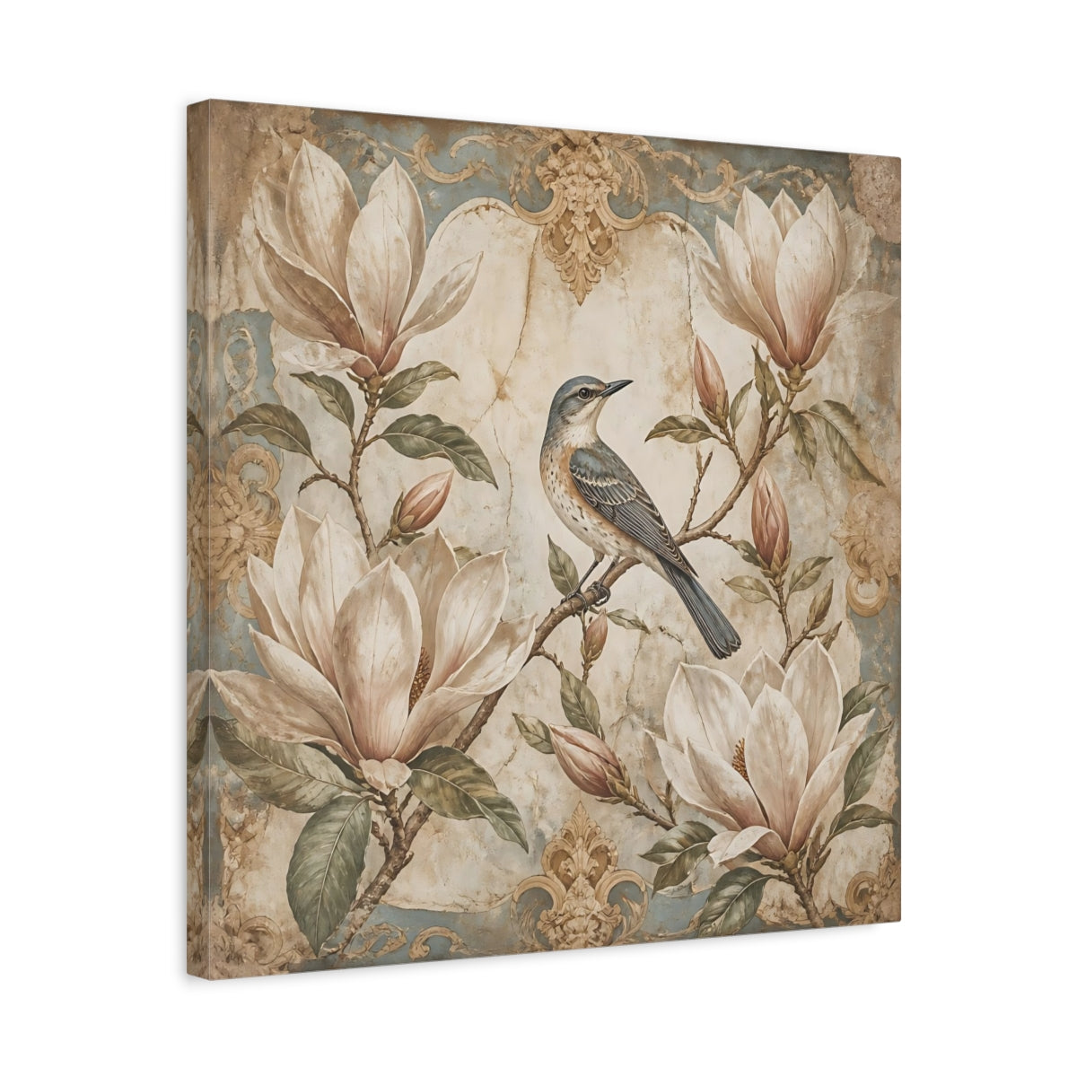 Side Mockup 5. Songbird On Floral Magnolia shown as canvas print