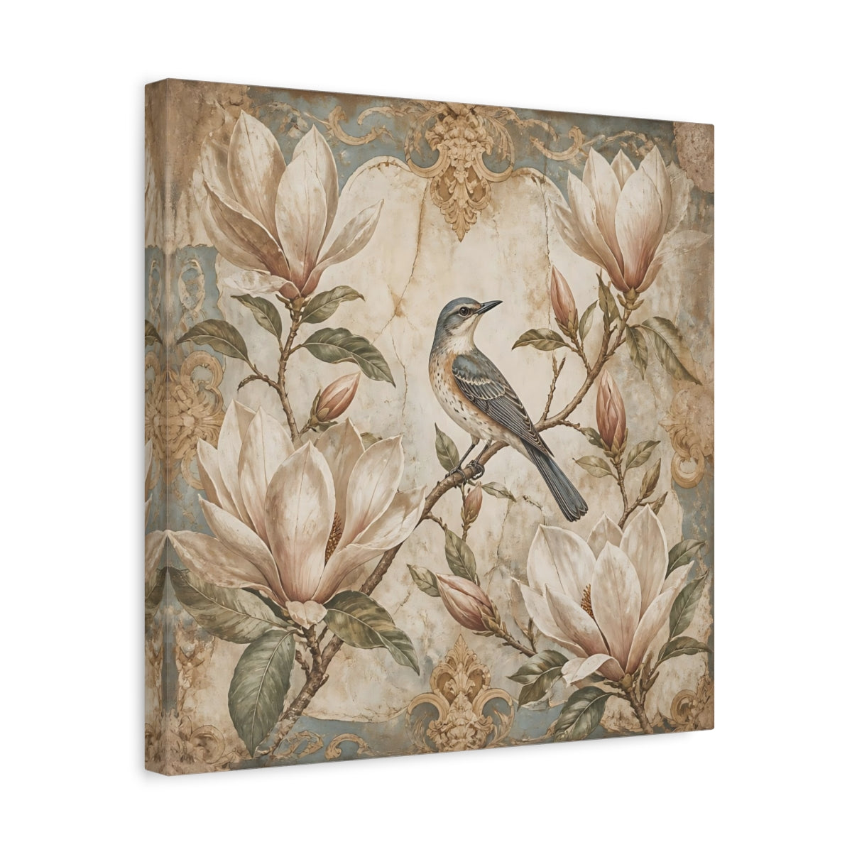 Side Mockup 6. Songbird On Floral Magnolia shown as canvas print
