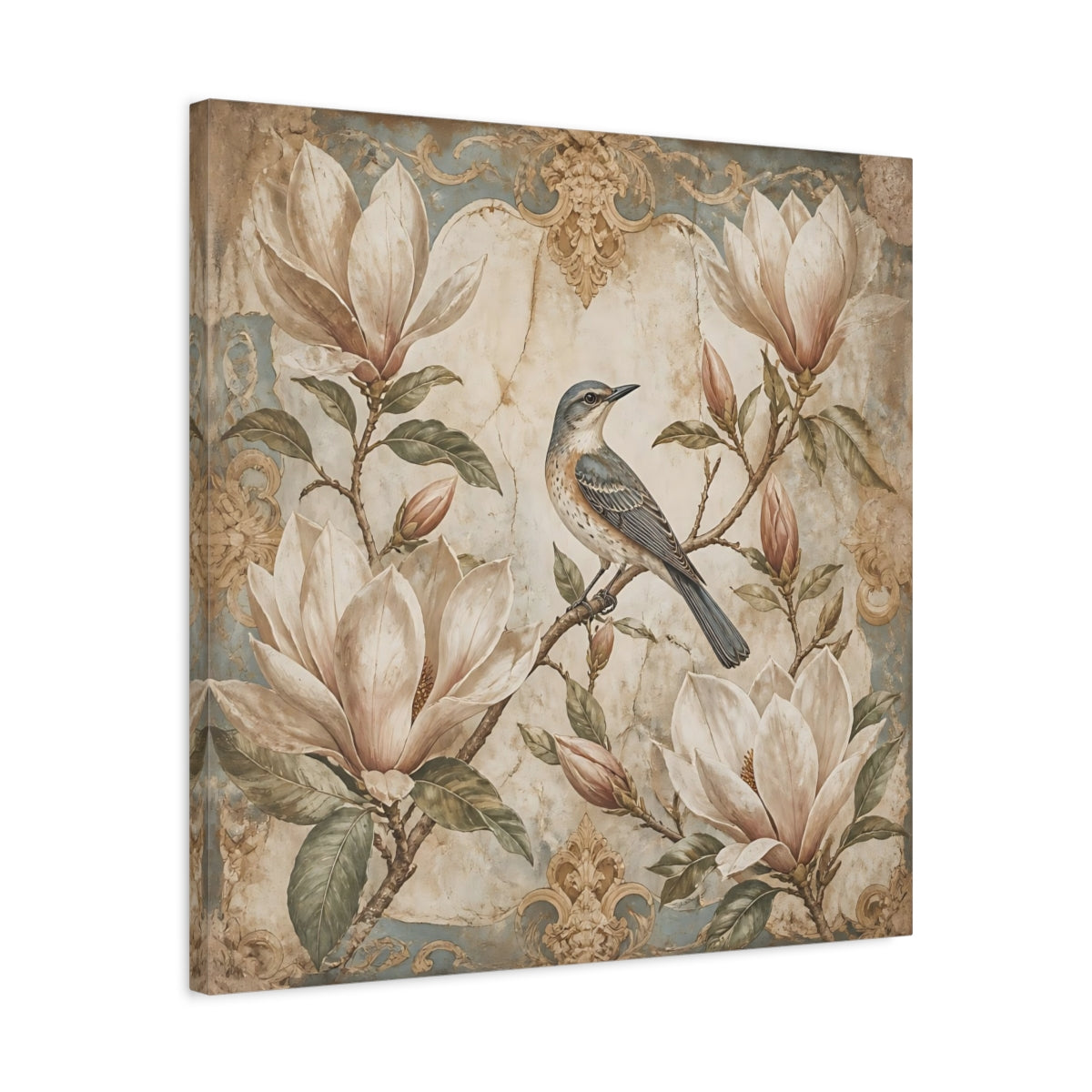 Side Mockup 4. Songbird On Floral Magnolia shown as canvas print