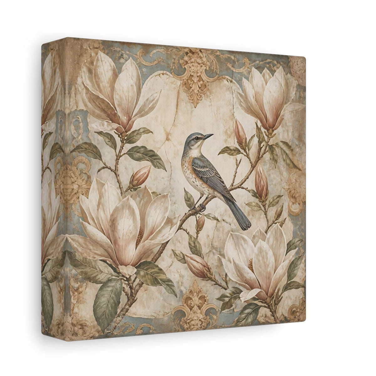 Side Mockup 2. Songbird On Floral Magnolia shown as canvas print