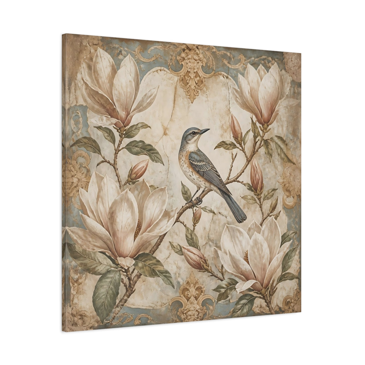 Side Mockup 1. Songbird On Floral Magnolia shown as canvas print