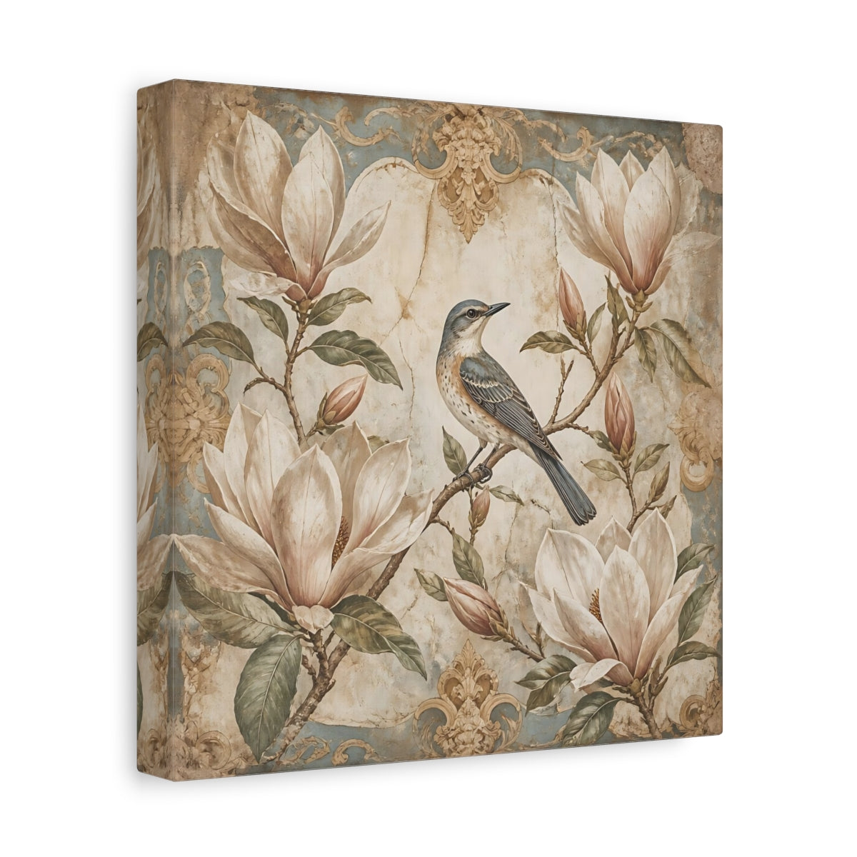 Side Mockup 9. Songbird On Floral Magnolia shown as canvas print