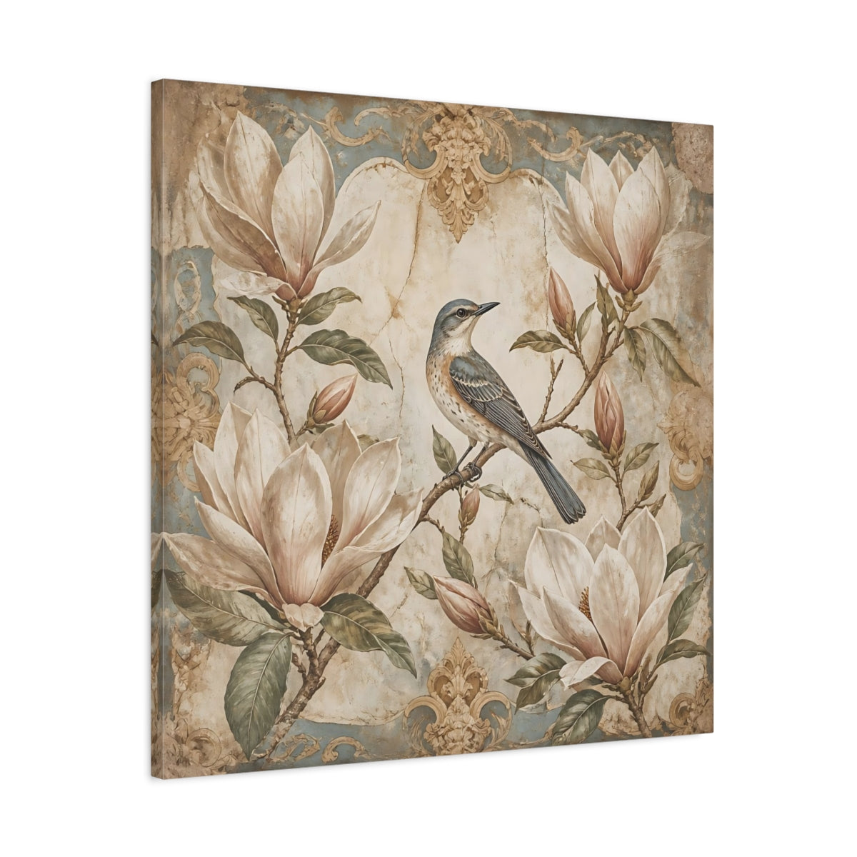 Side Mockup 3. Songbird On Floral Magnolia shown as canvas print