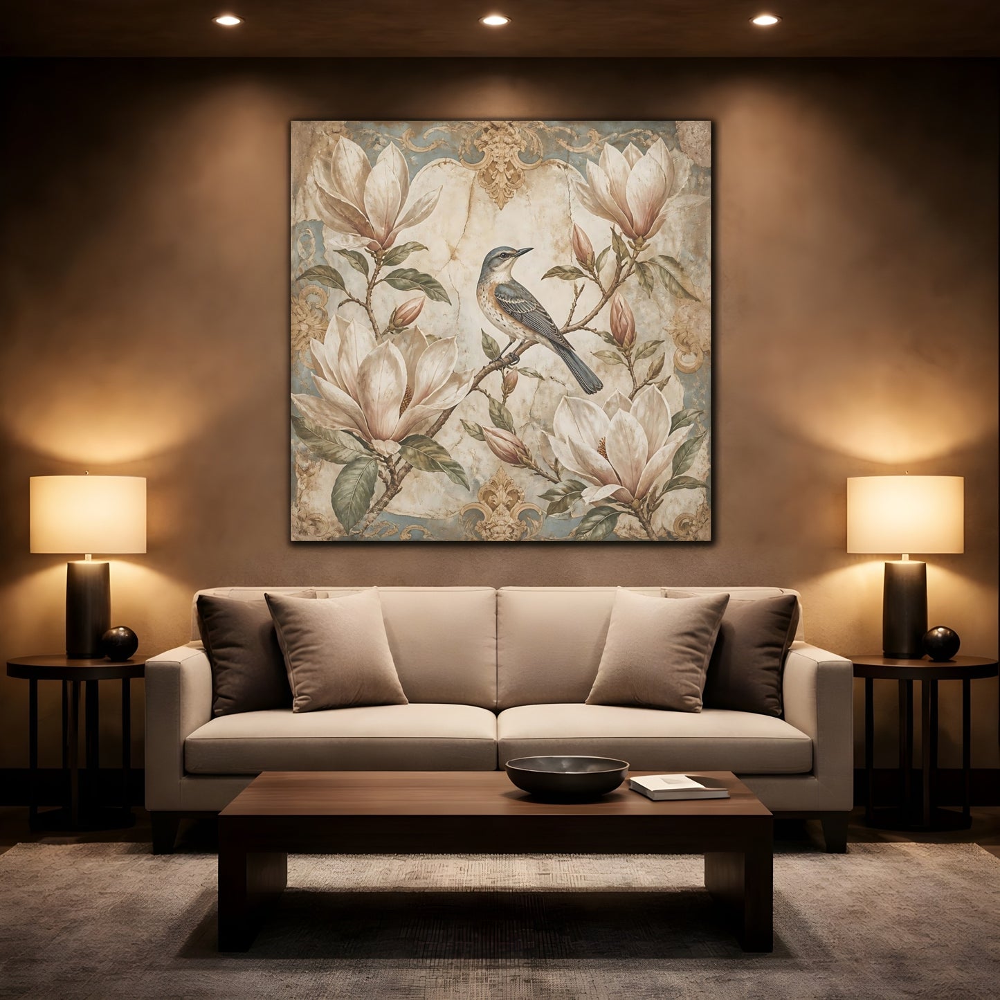 Mockup 2. Songbird On Floral Magnolia shown as canvas print