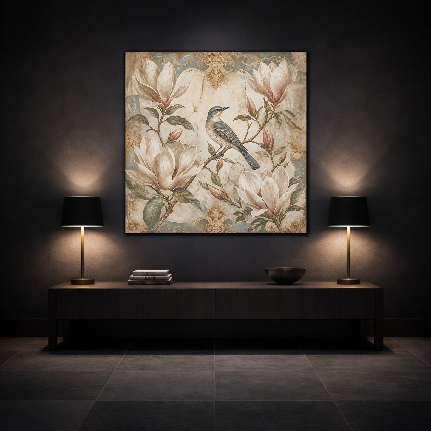Mockup 3. Songbird On Floral Magnolia shown as canvas print