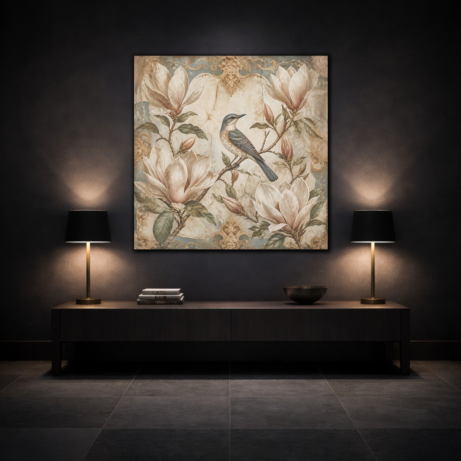 Mockup 3. Songbird On Floral Magnolia shown as canvas print