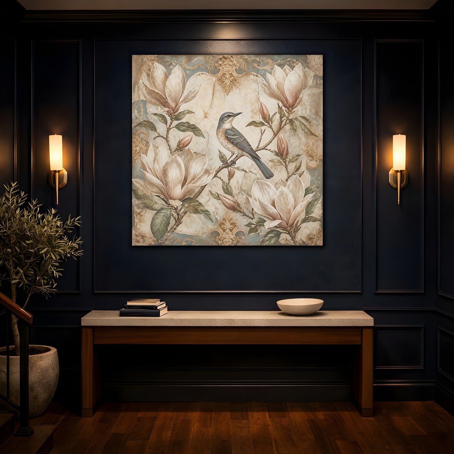 Mockup 4. Songbird On Floral Magnolia shown as canvas print