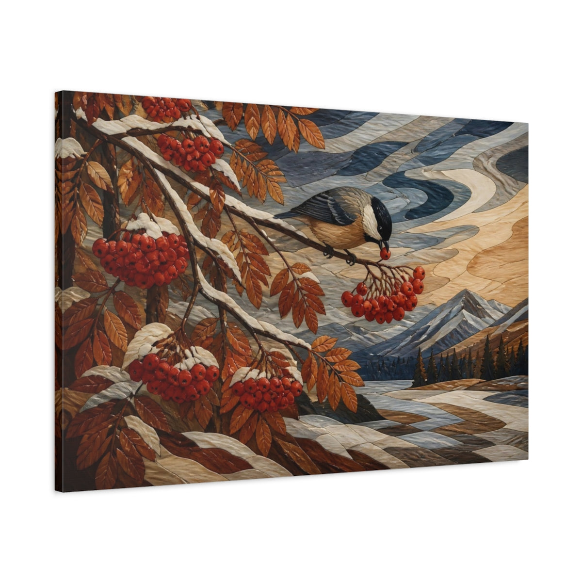 Main Mockup. Songbird With Red Berries shown as canvas print