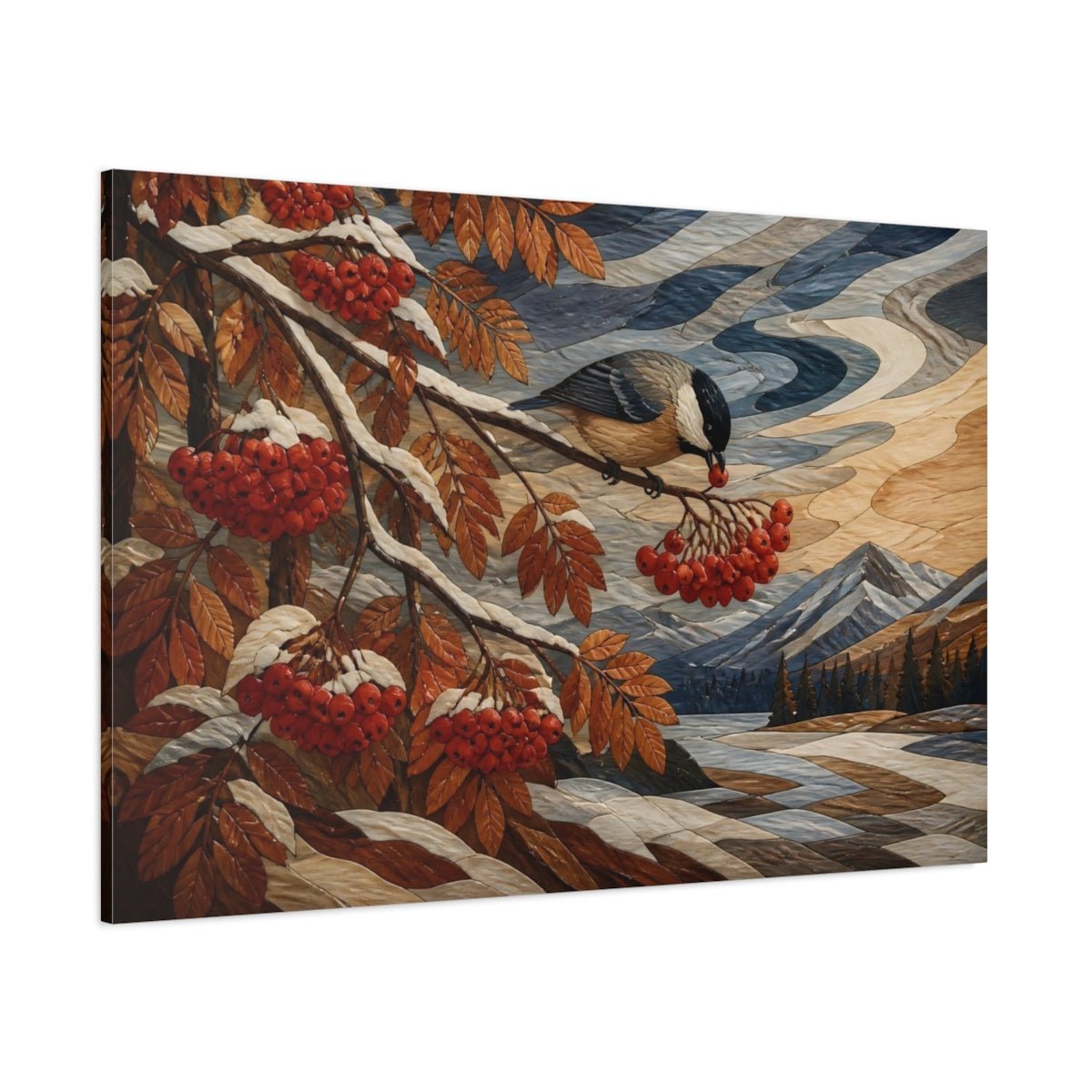Songbird With Red Berries Canvas Print – Living Room, Above Sofa - YesArtYes