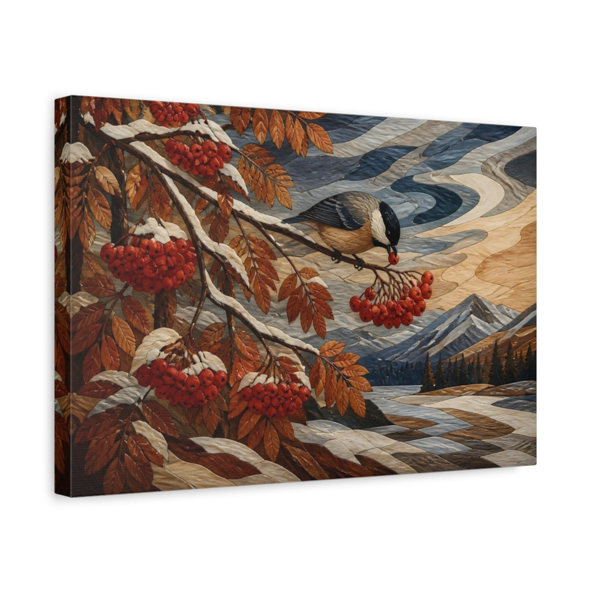 Side Mockup 4. Songbird With Red Berries shown as canvas print