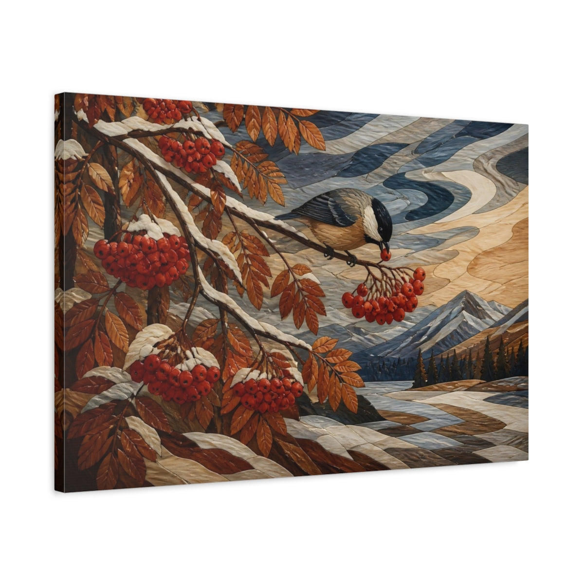 Side Mockup 2. Songbird With Red Berries shown as canvas print
