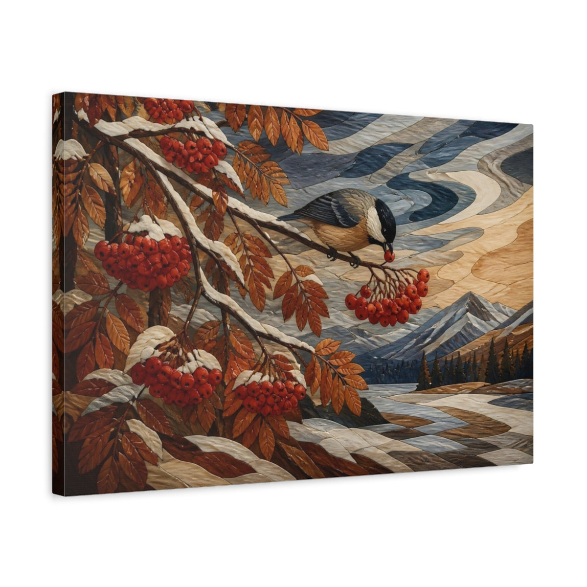 Side Mockup 3. Songbird With Red Berries shown as canvas print