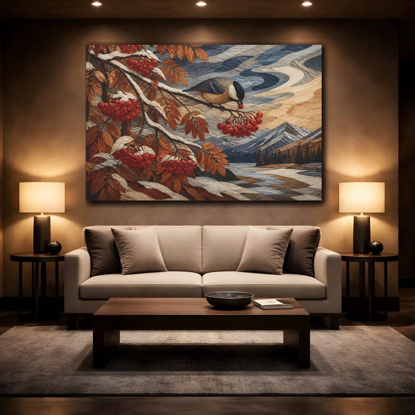 Mockup 2. Songbird With Red Berries shown as canvas print