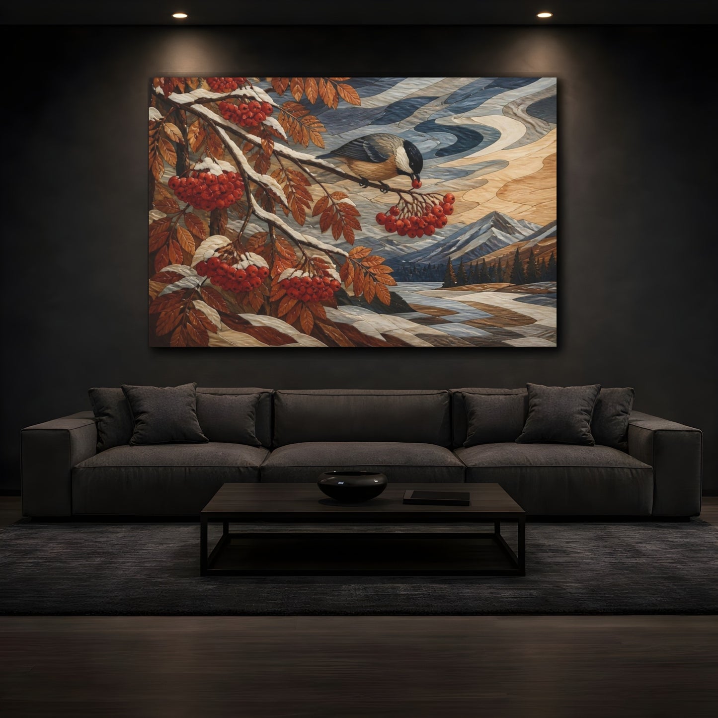 Mockup 3. Songbird With Red Berries shown as canvas print