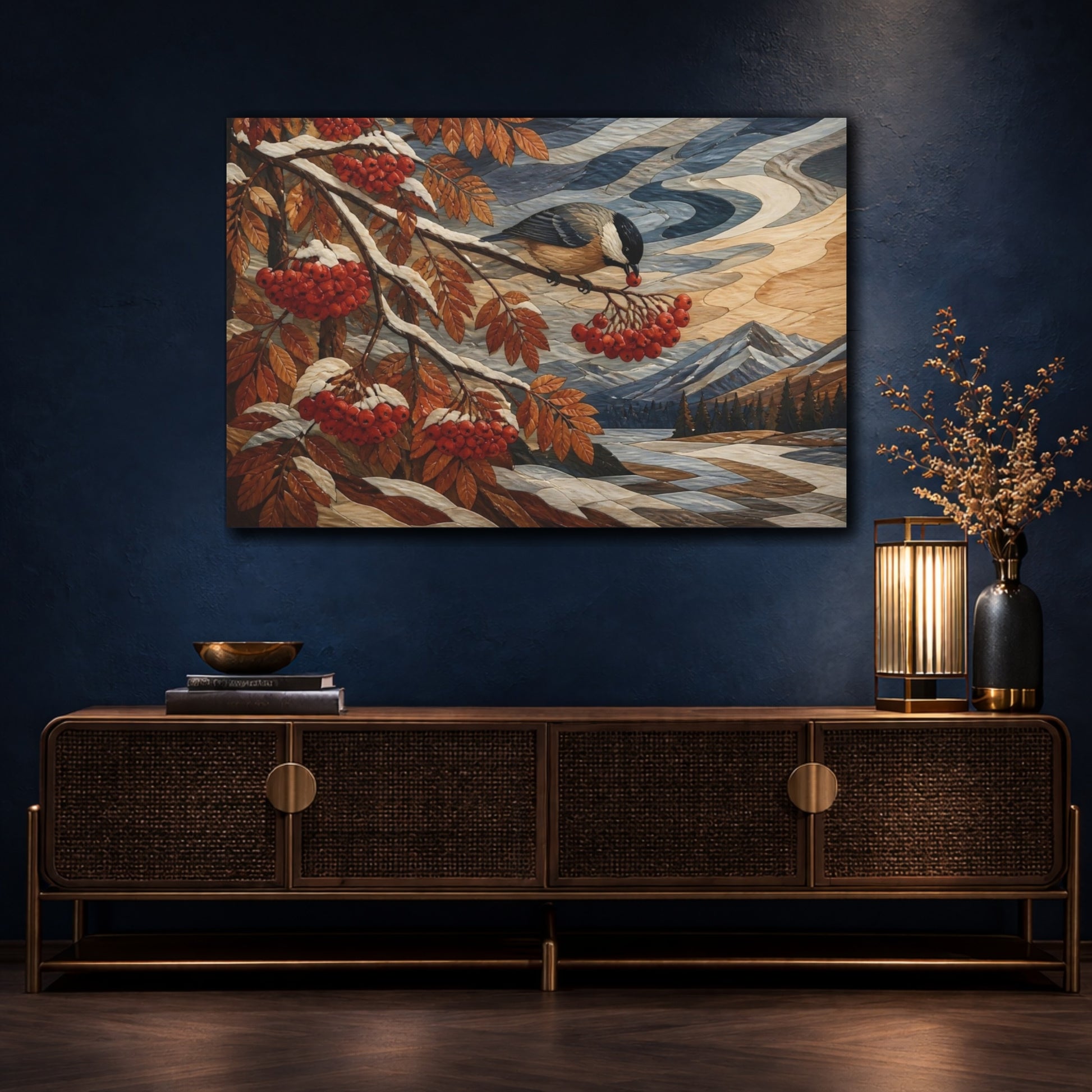Mockup 4. Songbird With Red Berries shown as canvas print
