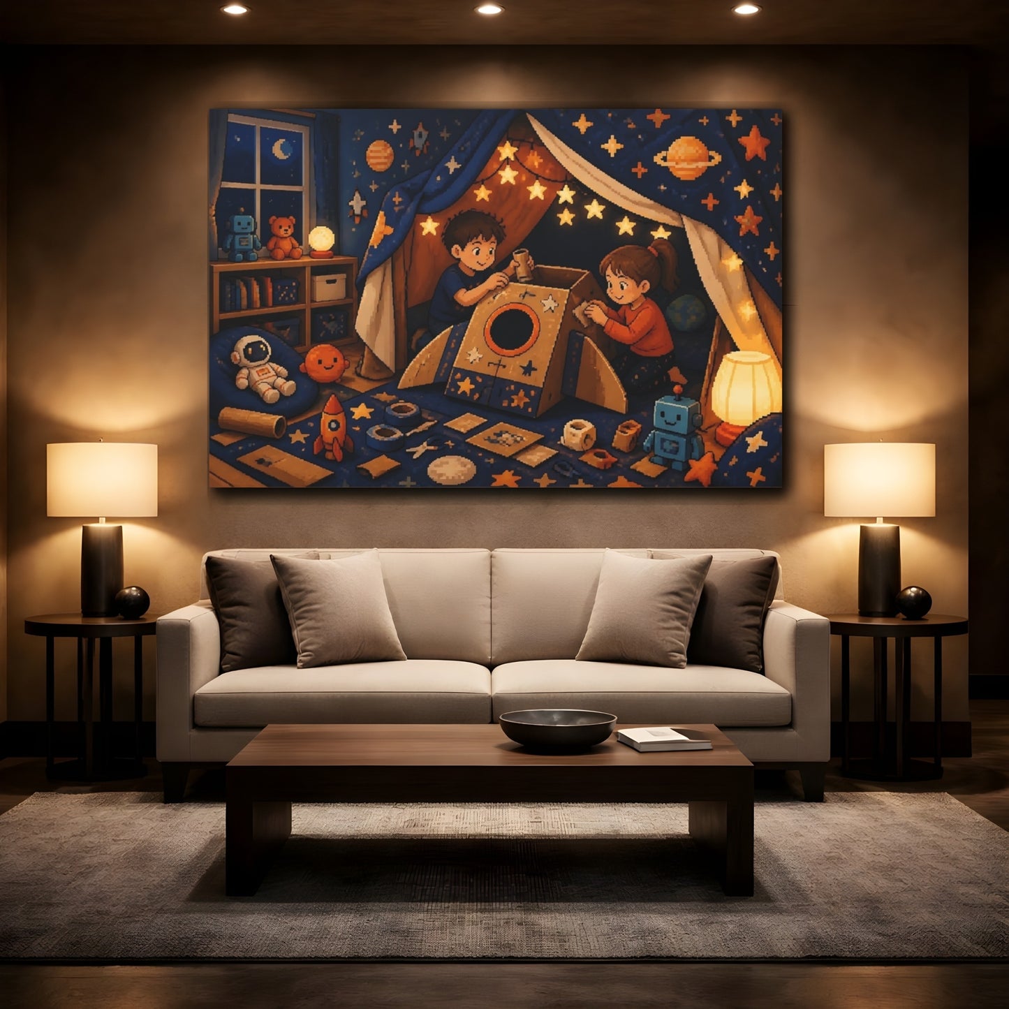Mockup 2. Space Rocket Cardboard Fort shown as canvas print
