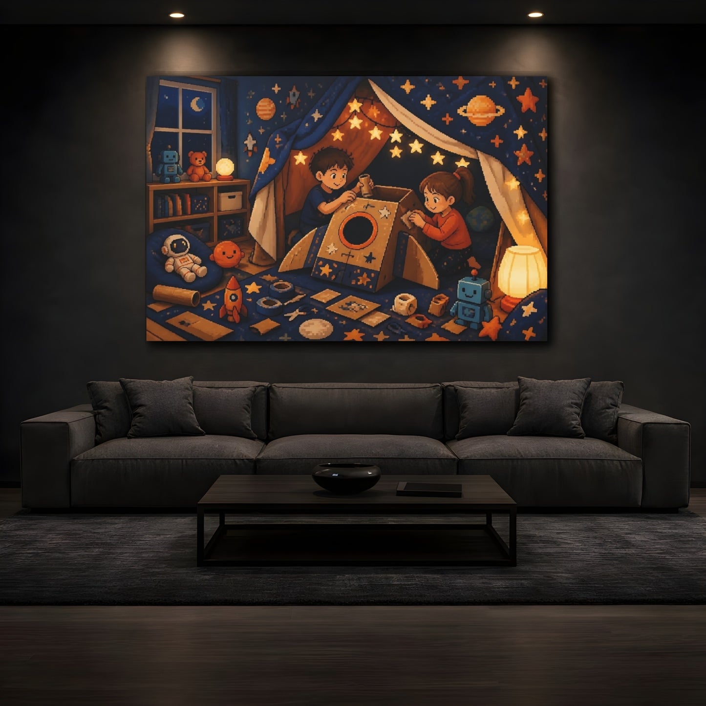 Mockup 3. Space Rocket Cardboard Fort shown as canvas print