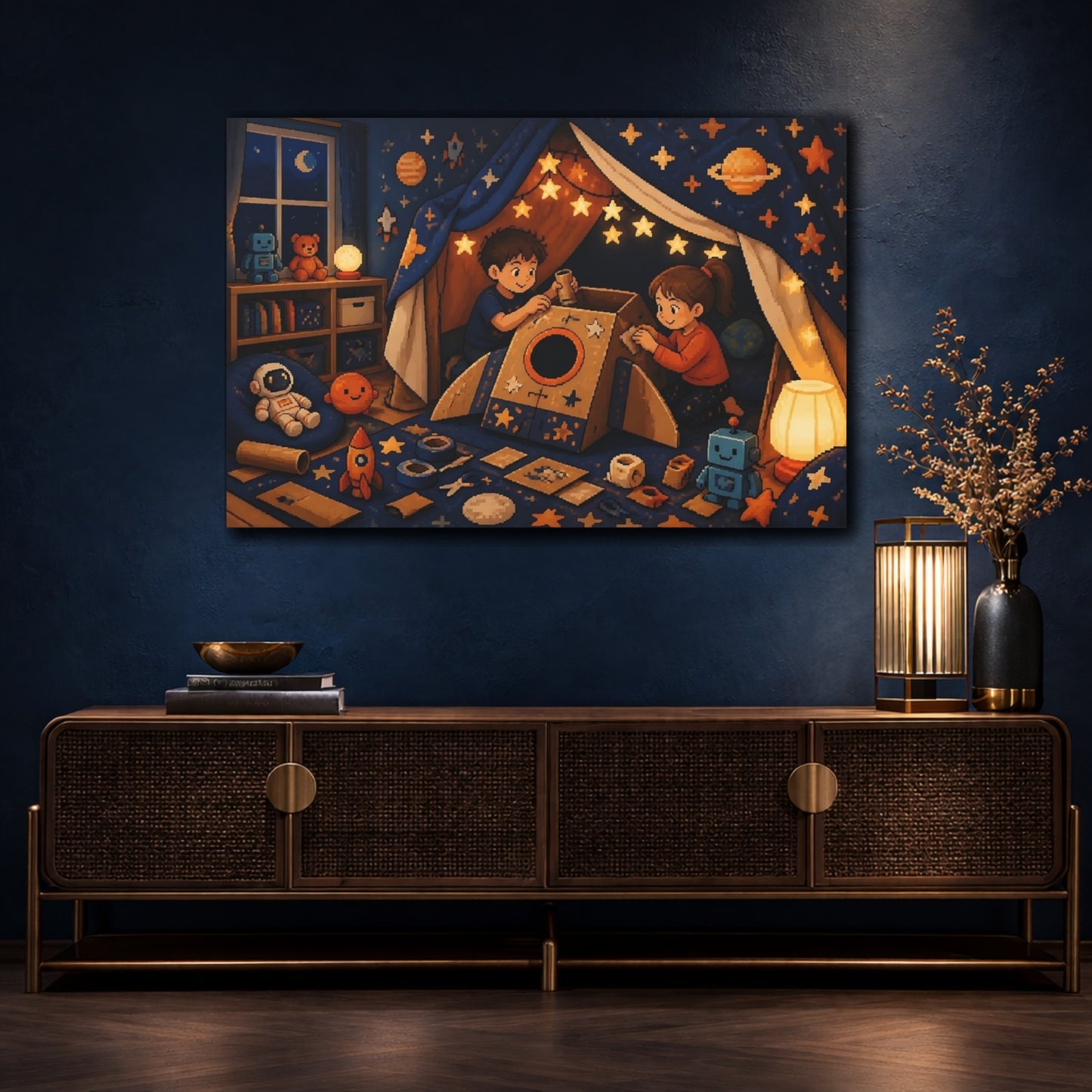 Mockup 4. Space Rocket Cardboard Fort shown as canvas print