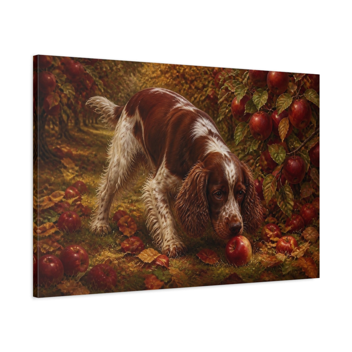 Main Mockup. Spaniel In Apple Orchard shown as canvas print