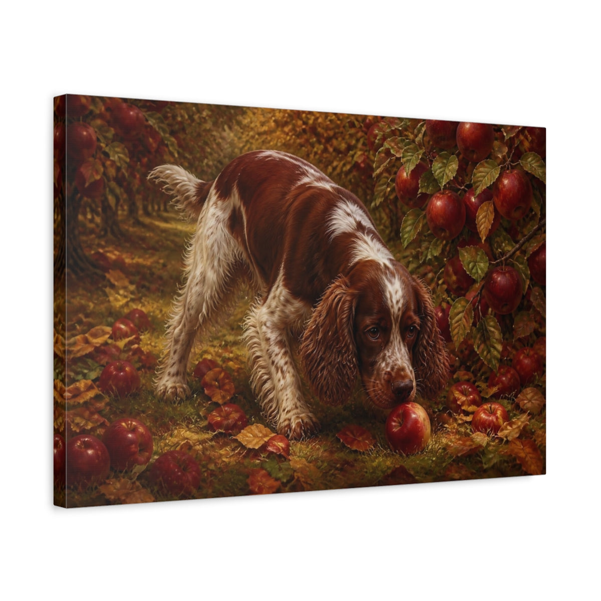 Side Mockup 3. Spaniel In Apple Orchard shown as canvas print