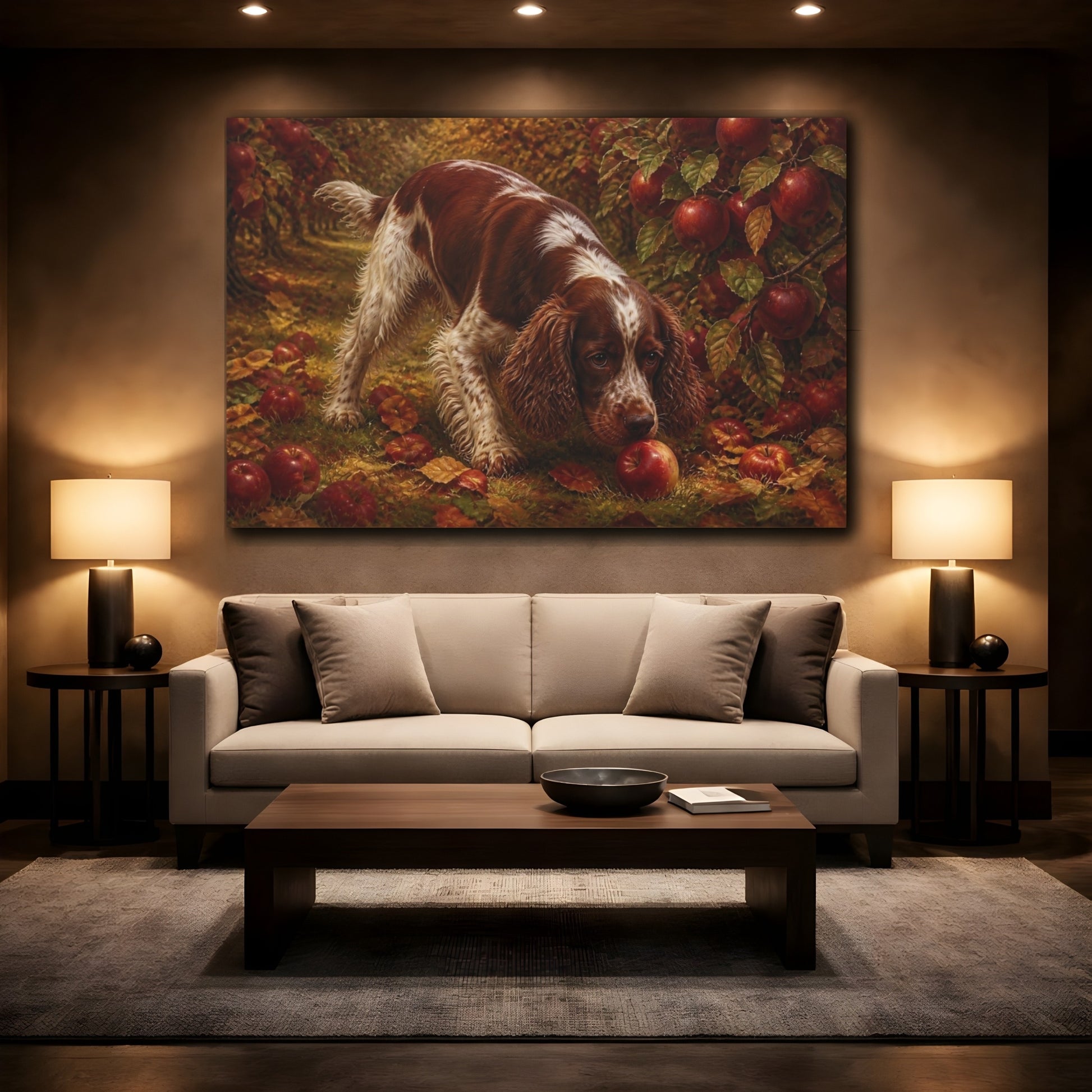 Mockup 2. Spaniel In Apple Orchard shown as canvas print