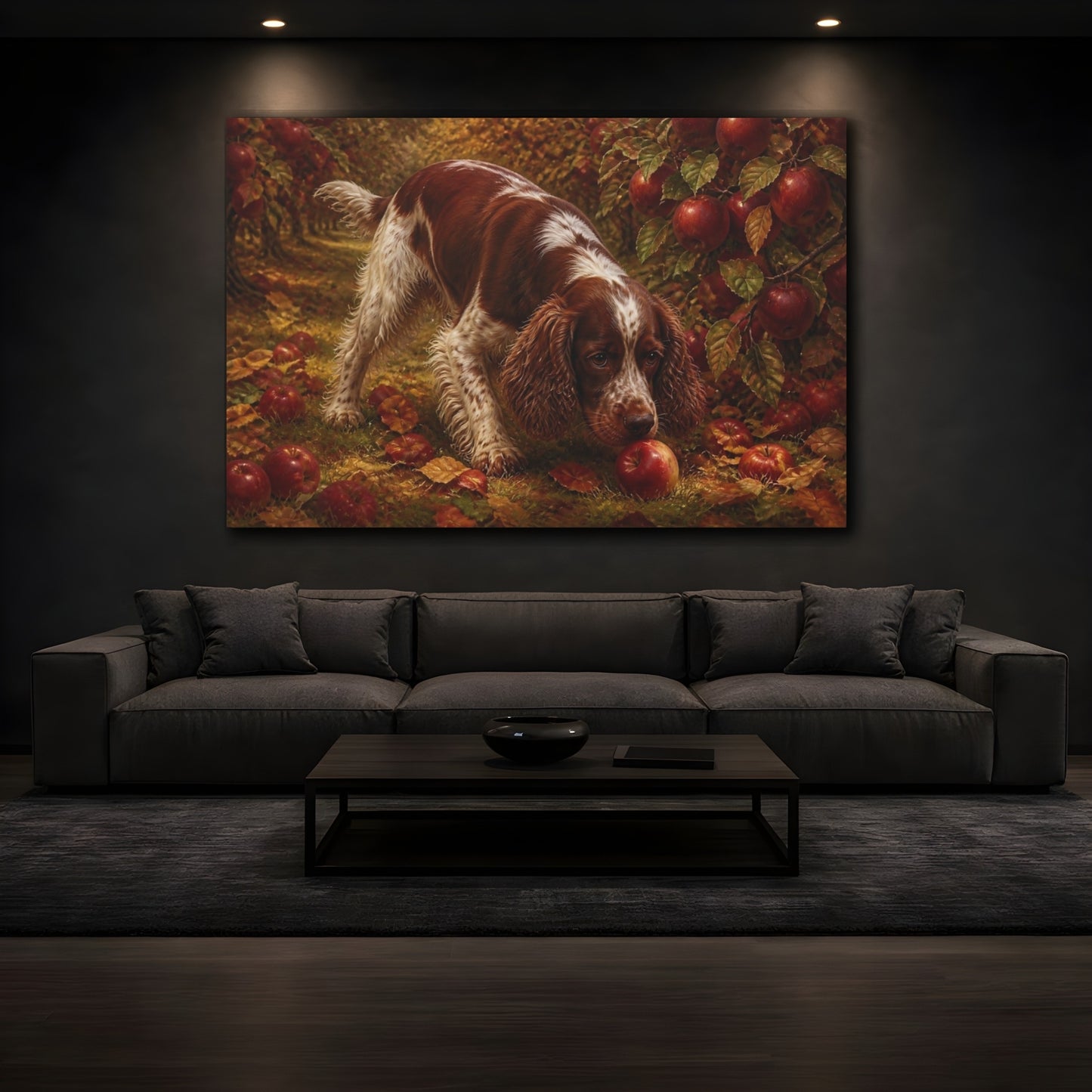 Mockup 3. Spaniel In Apple Orchard shown as canvas print