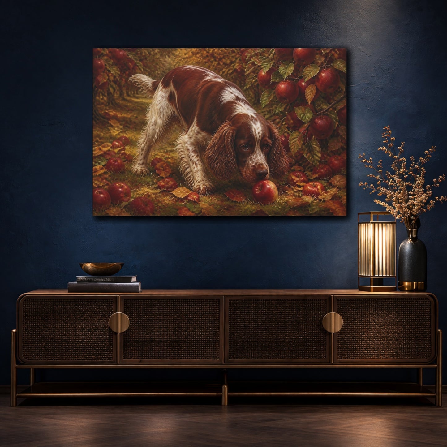 Mockup 4. Spaniel In Apple Orchard shown as canvas print
