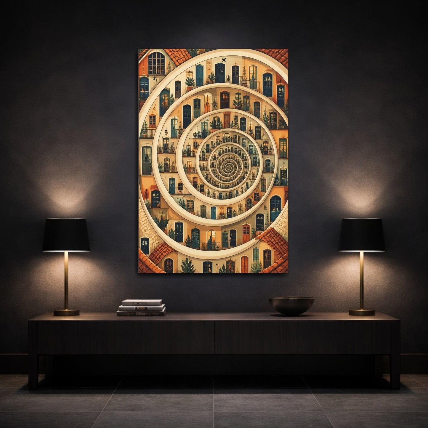 Mockup 3. Spiral Apartment Illusion shown as canvas print