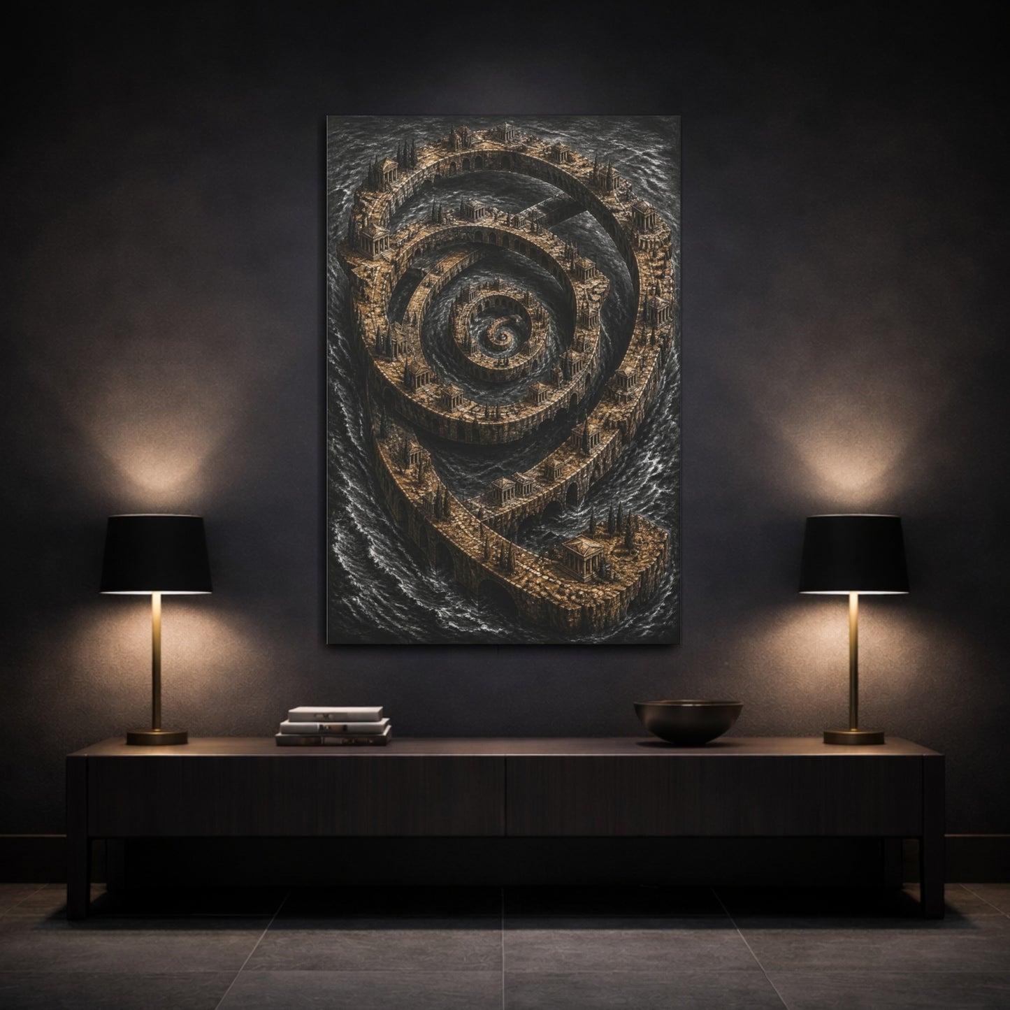 Mockup 3. Spiral Archipelago Illusion shown as canvas print