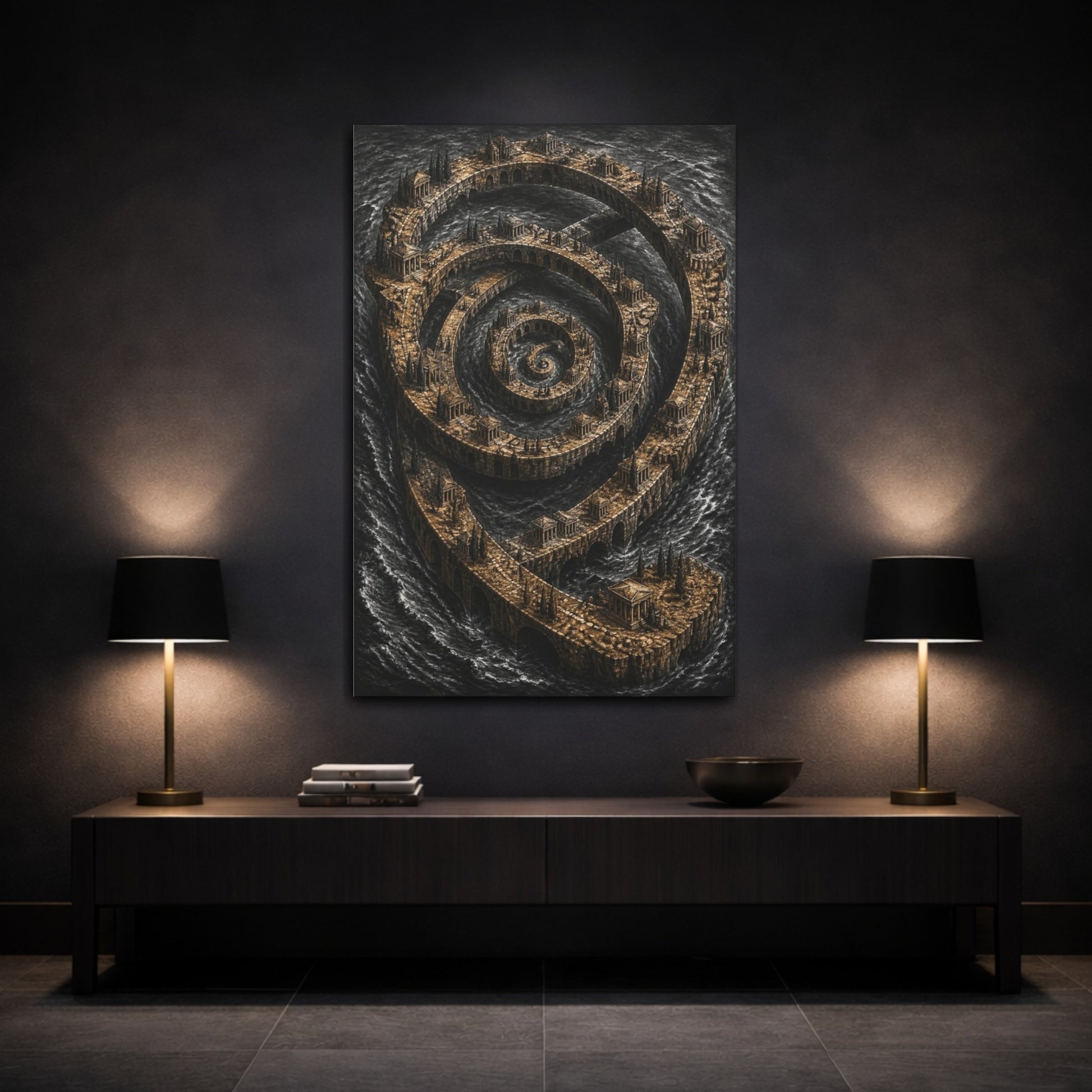 Mockup 3. Spiral Archipelago Illusion shown as canvas print