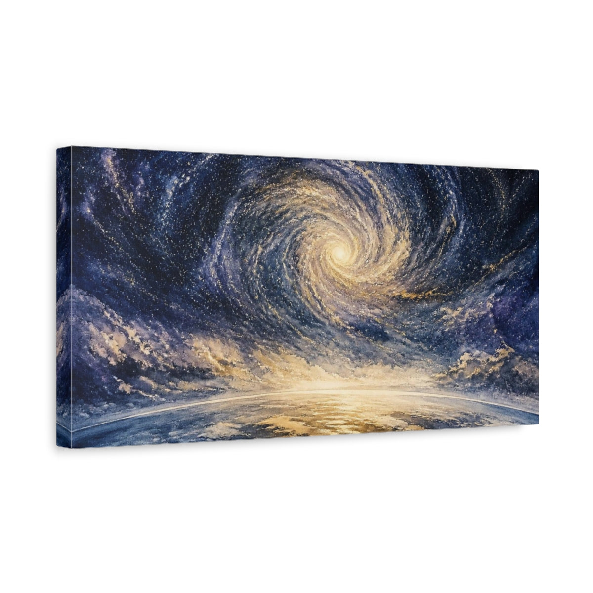 Side Mockup 3. Spiral Galaxy Over Horizon shown as canvas print