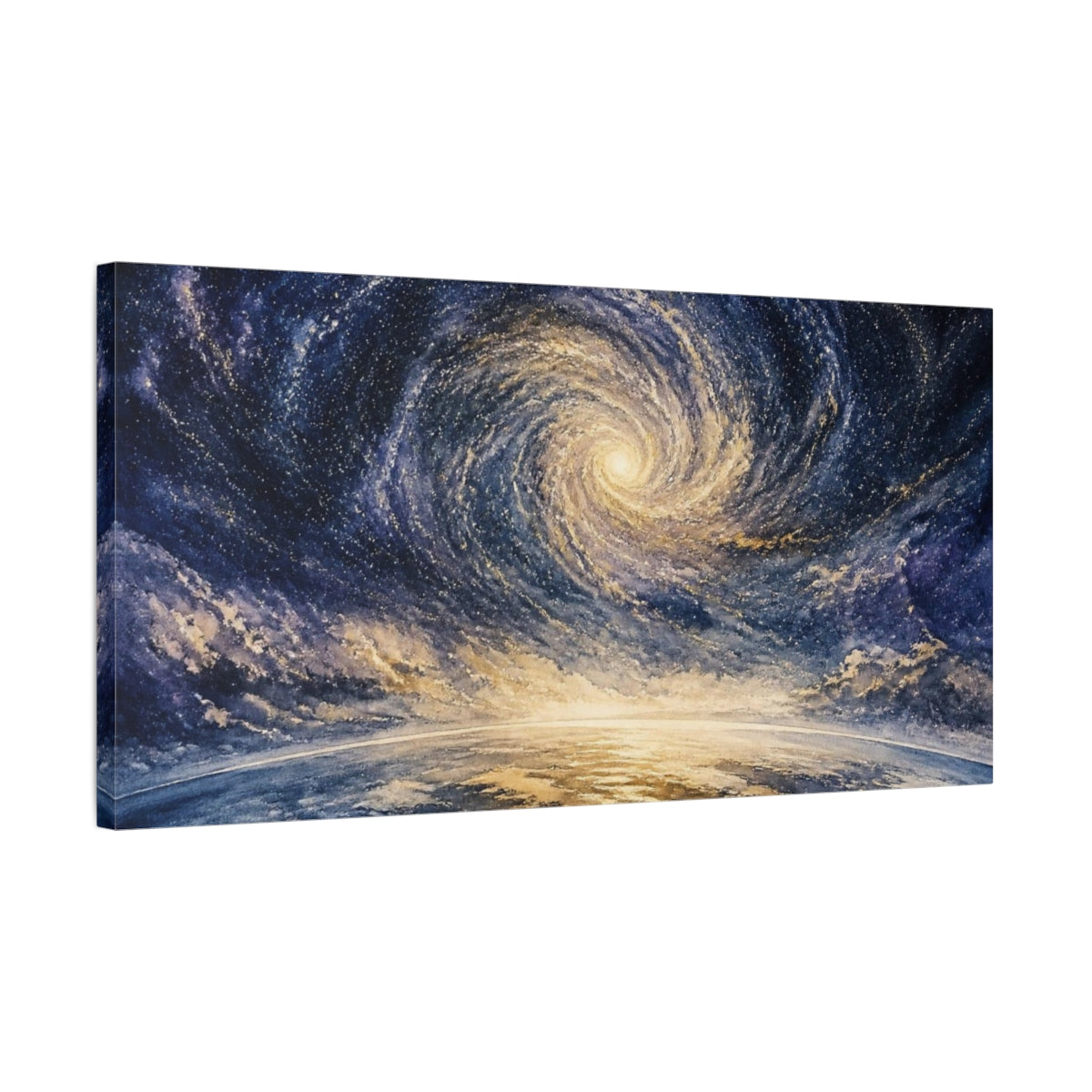 Side Mockup 1. Spiral Galaxy Over Horizon shown as canvas print
