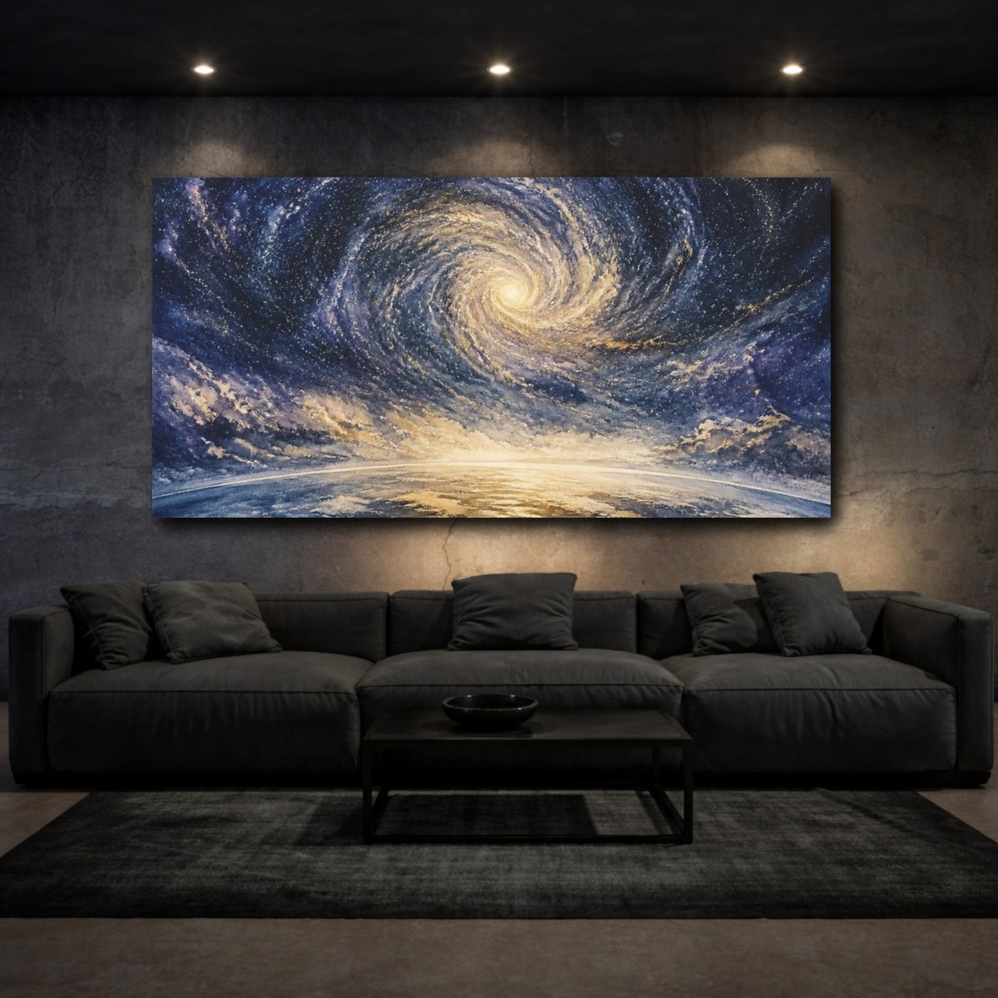 Mockup 3. Spiral Galaxy Over Horizon shown as canvas print