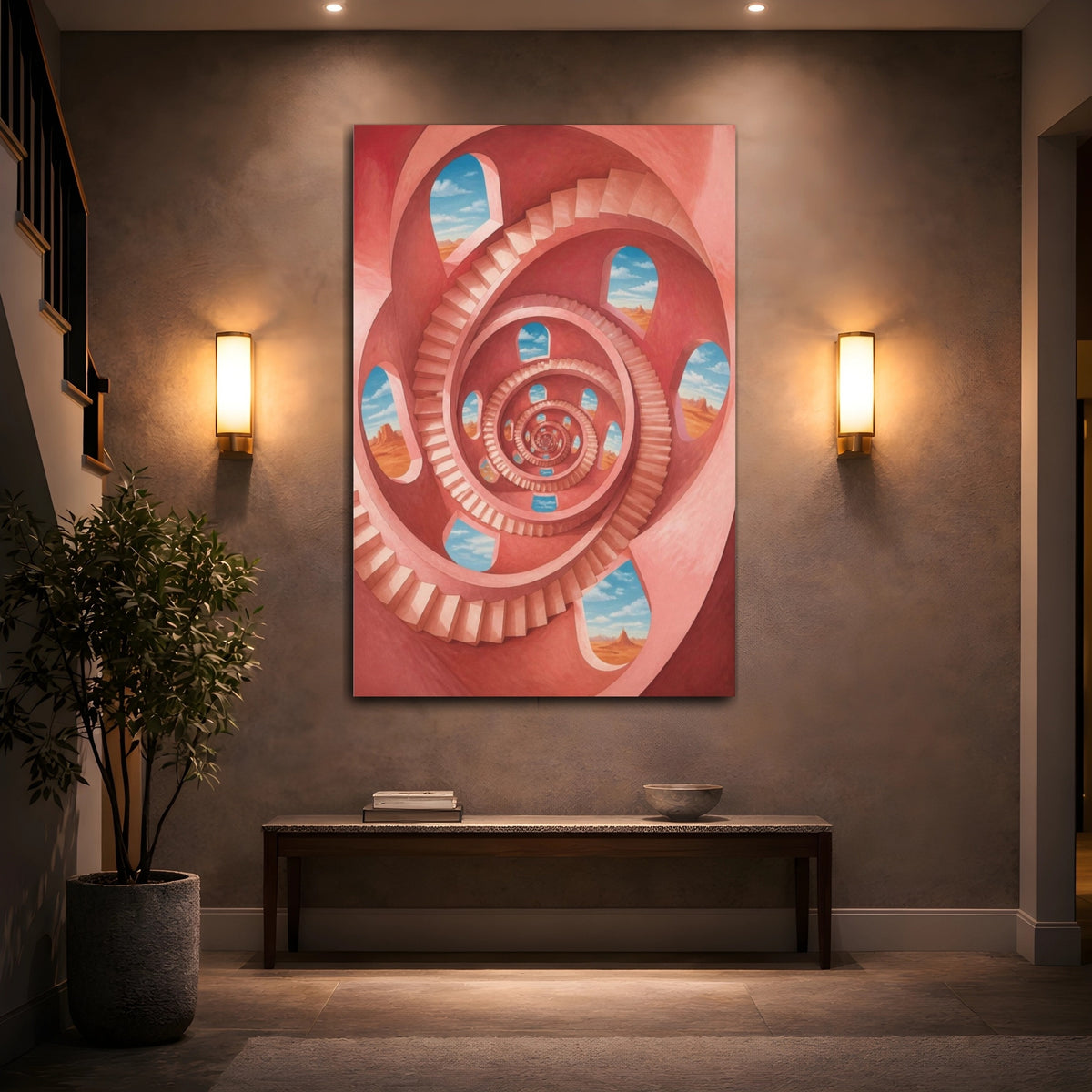 Mockup 2. Spiral Staircase Illusion shown as canvas print