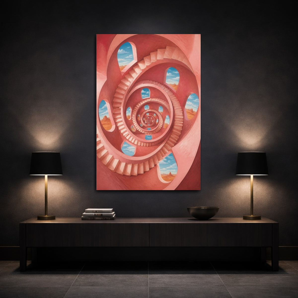 Mockup 3. Spiral Staircase Illusion shown as canvas print