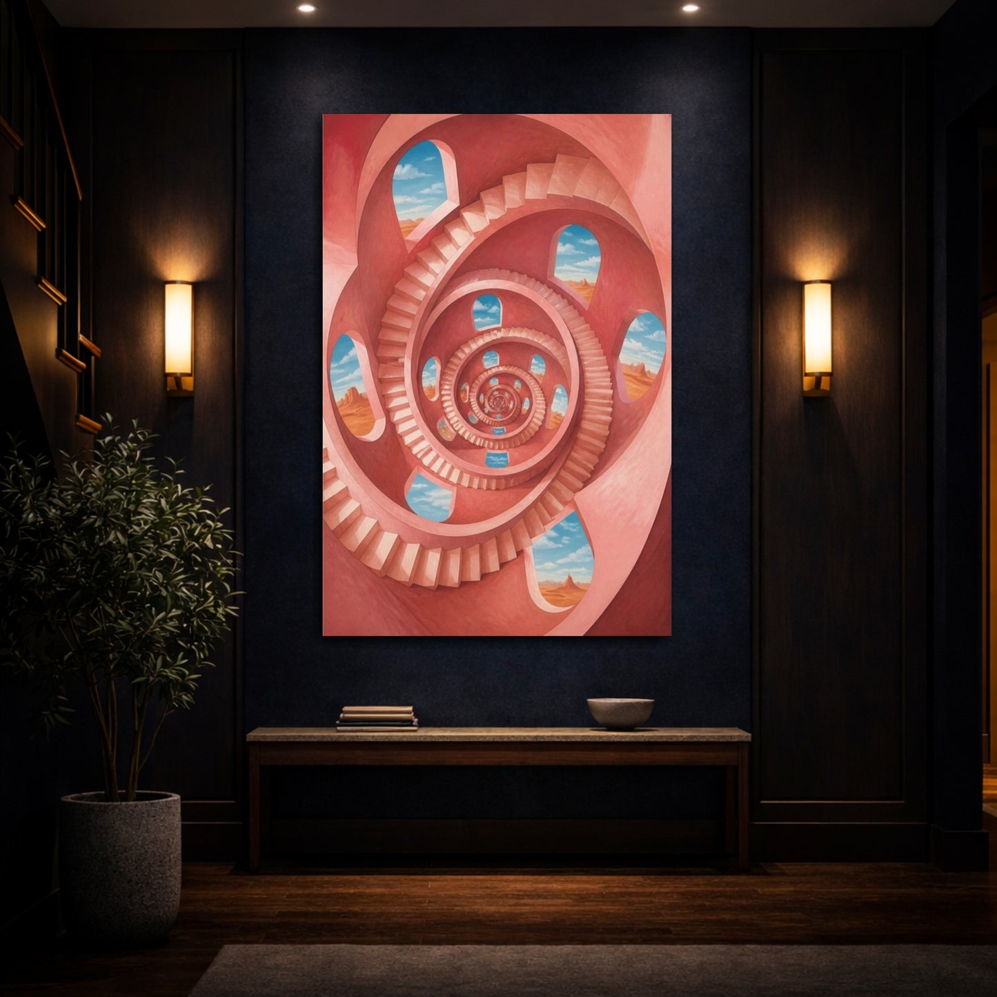 Mockup 4. Spiral Staircase Illusion shown as canvas print