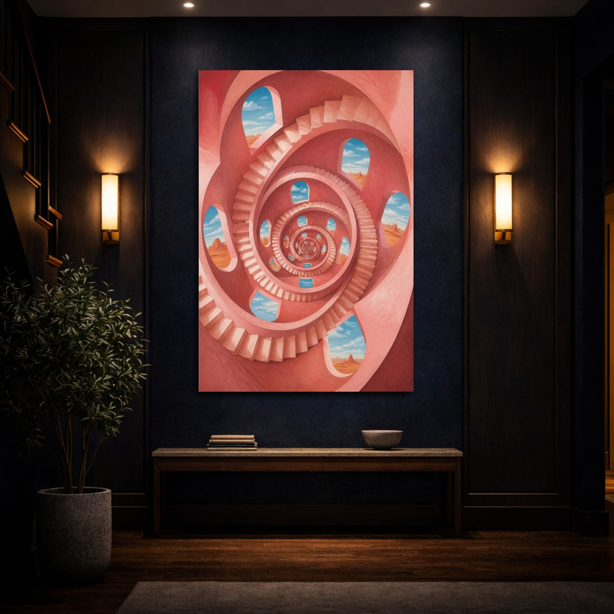 Mockup 4. Spiral Staircase Illusion shown as canvas print