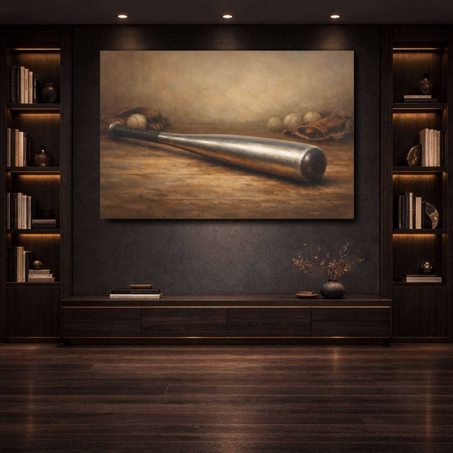 Mockup 3. Sports Baseball Bat Rustic Baseball shown as stretched canvas wall art