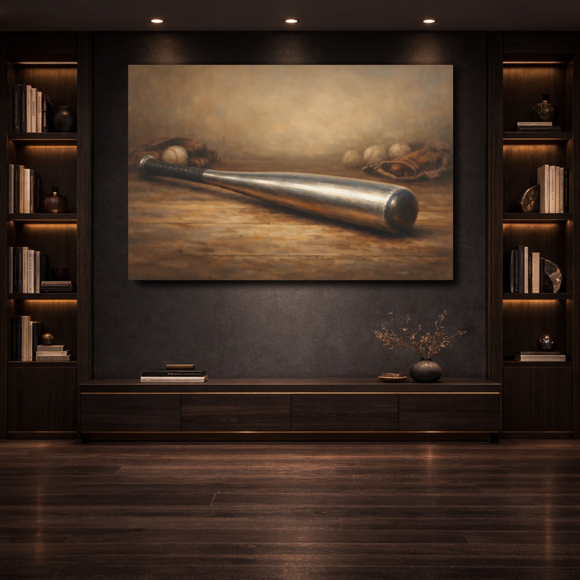Mockup 3. Sports Baseball Bat Rustic Baseball shown as stretched canvas wall art