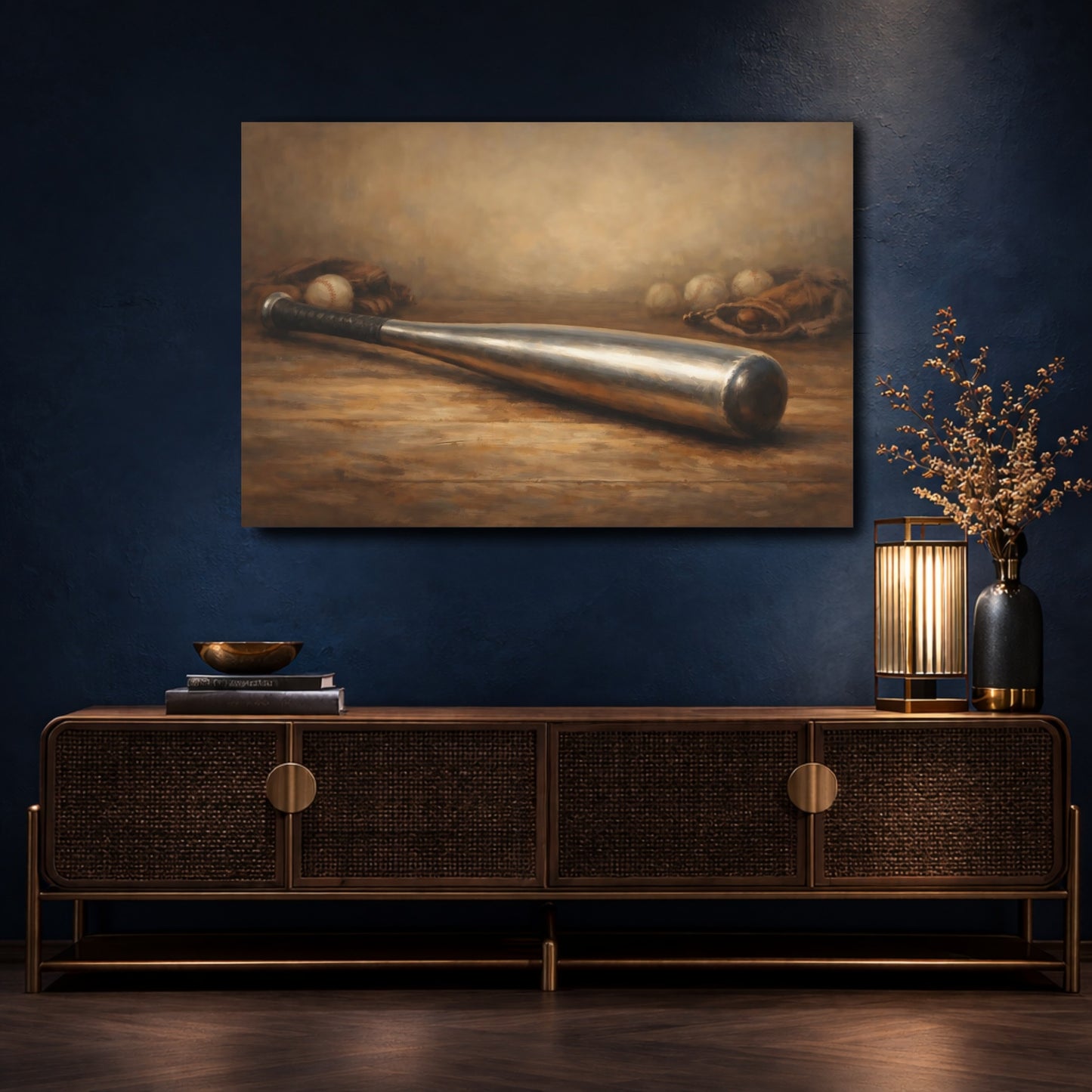 Mockup 4. Sports Baseball Bat Rustic Baseball shown as stretched canvas wall art