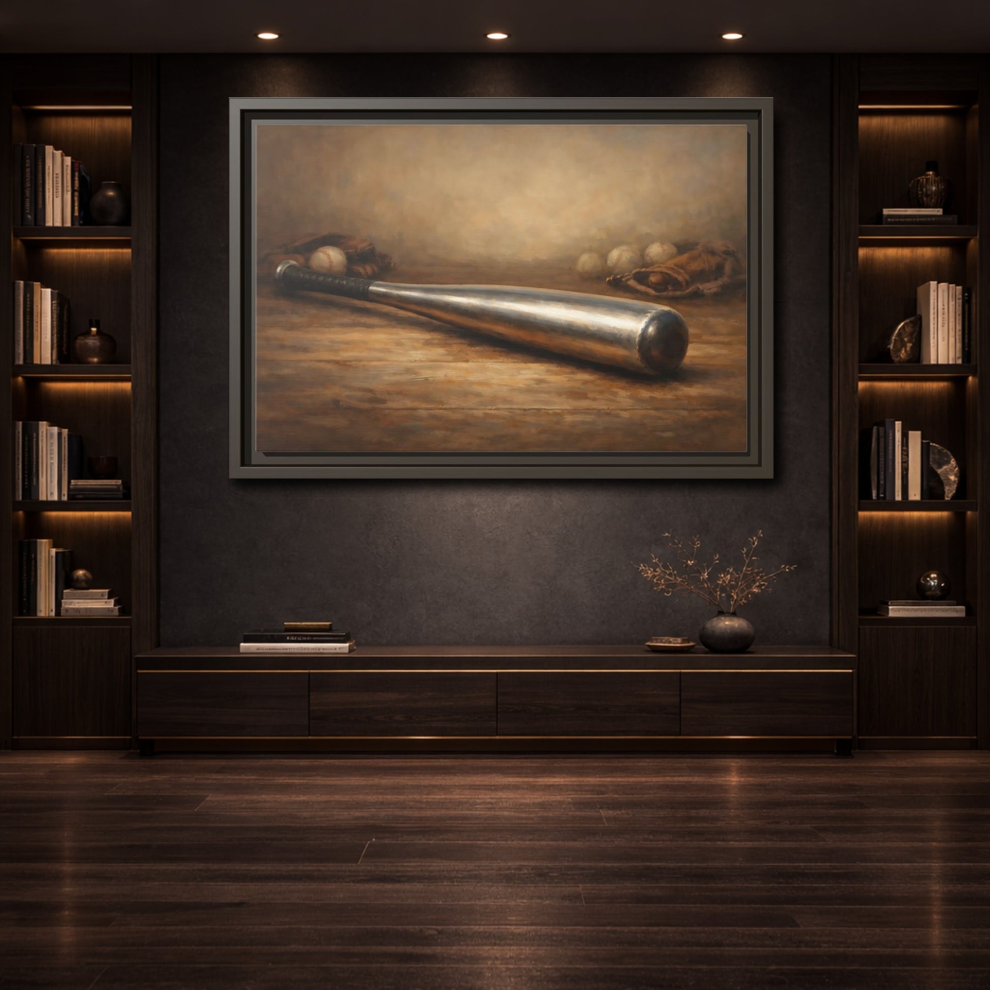 Mockup 3. Sports Baseball Bat Rustic Sports shown as stretched canvas wall art