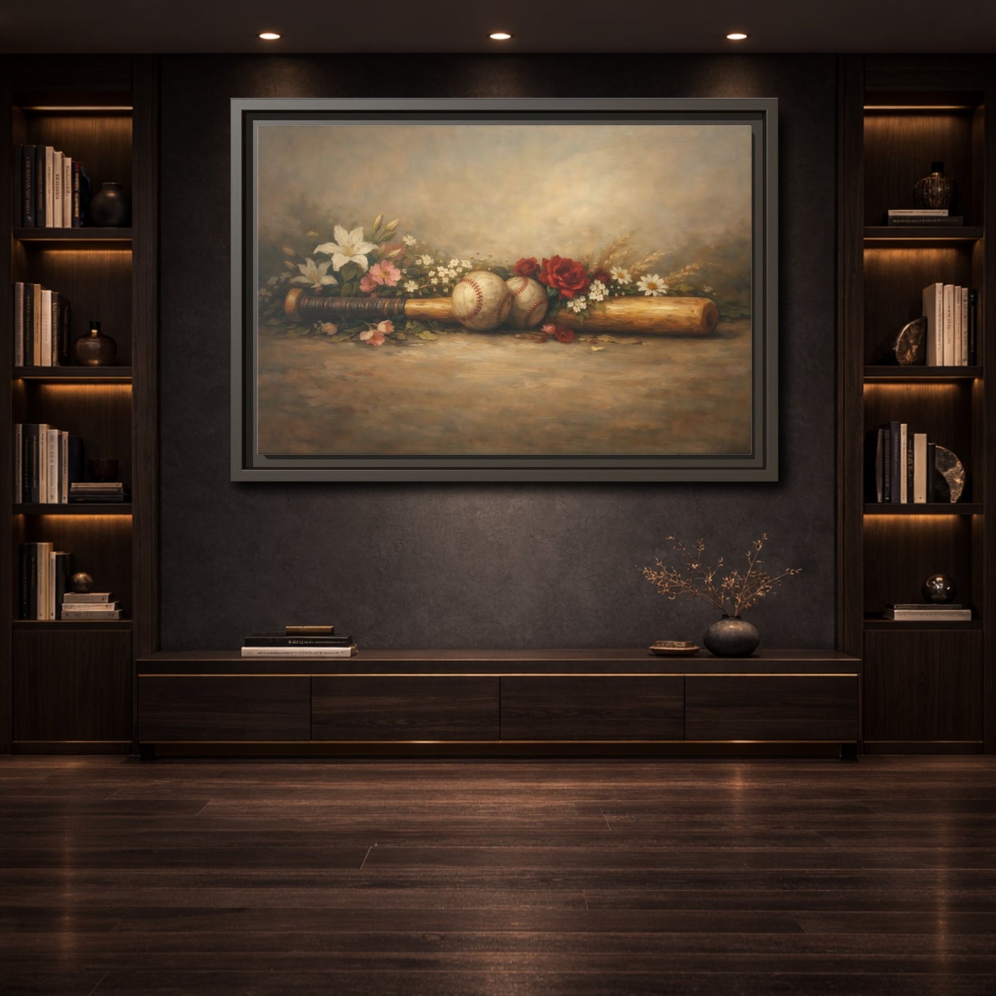 Mockup 3. Sports Baseball Bat Vintage Baseball shown as stretched canvas wall art