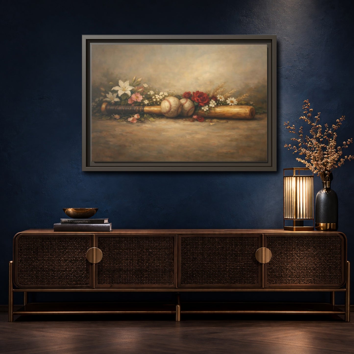 Mockup 4. Sports Baseball Bat Vintage Baseball shown as stretched canvas wall art