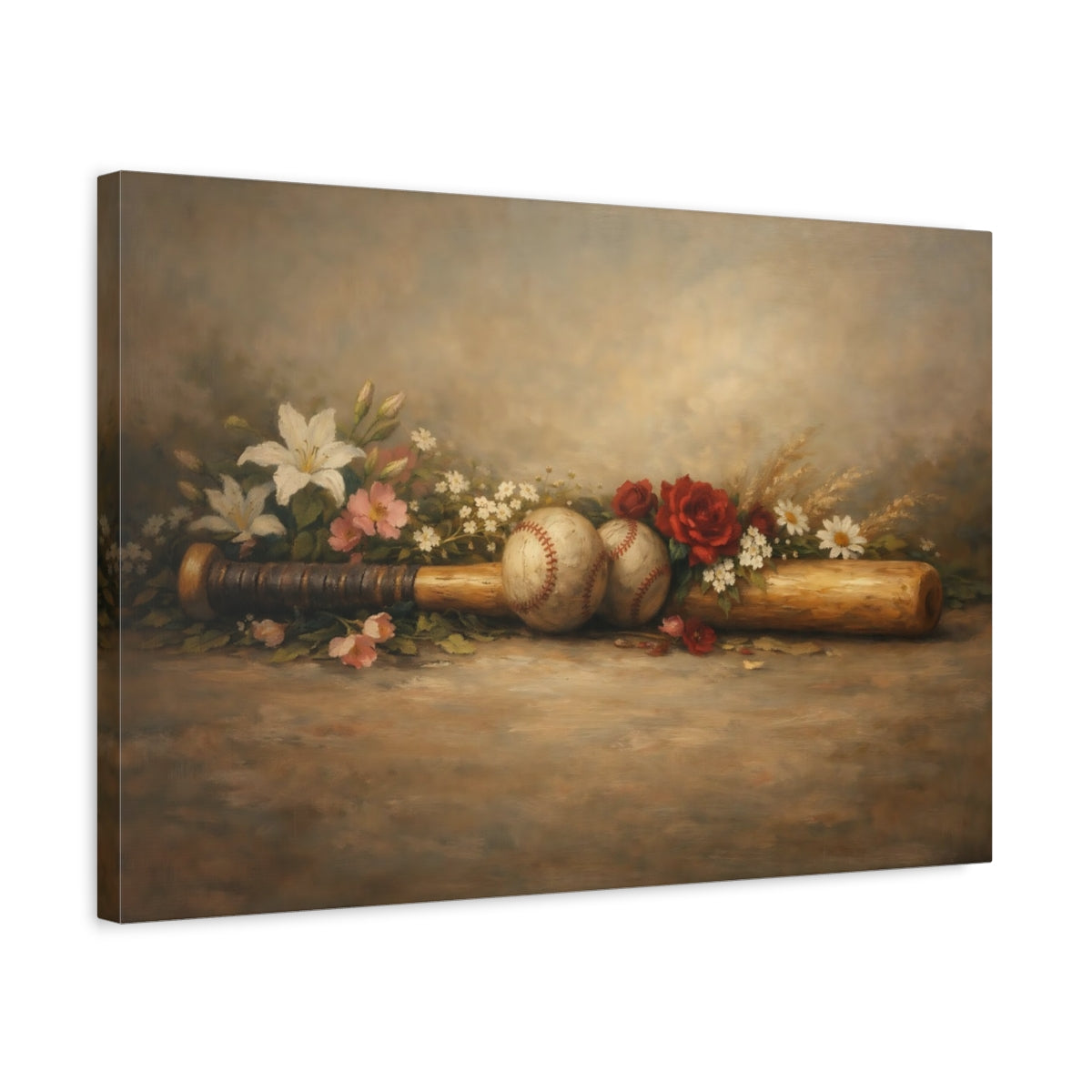 Side Mockup 3. Sports Baseball Still Life Vintage Baseball Art shown as stretched canvas wall art