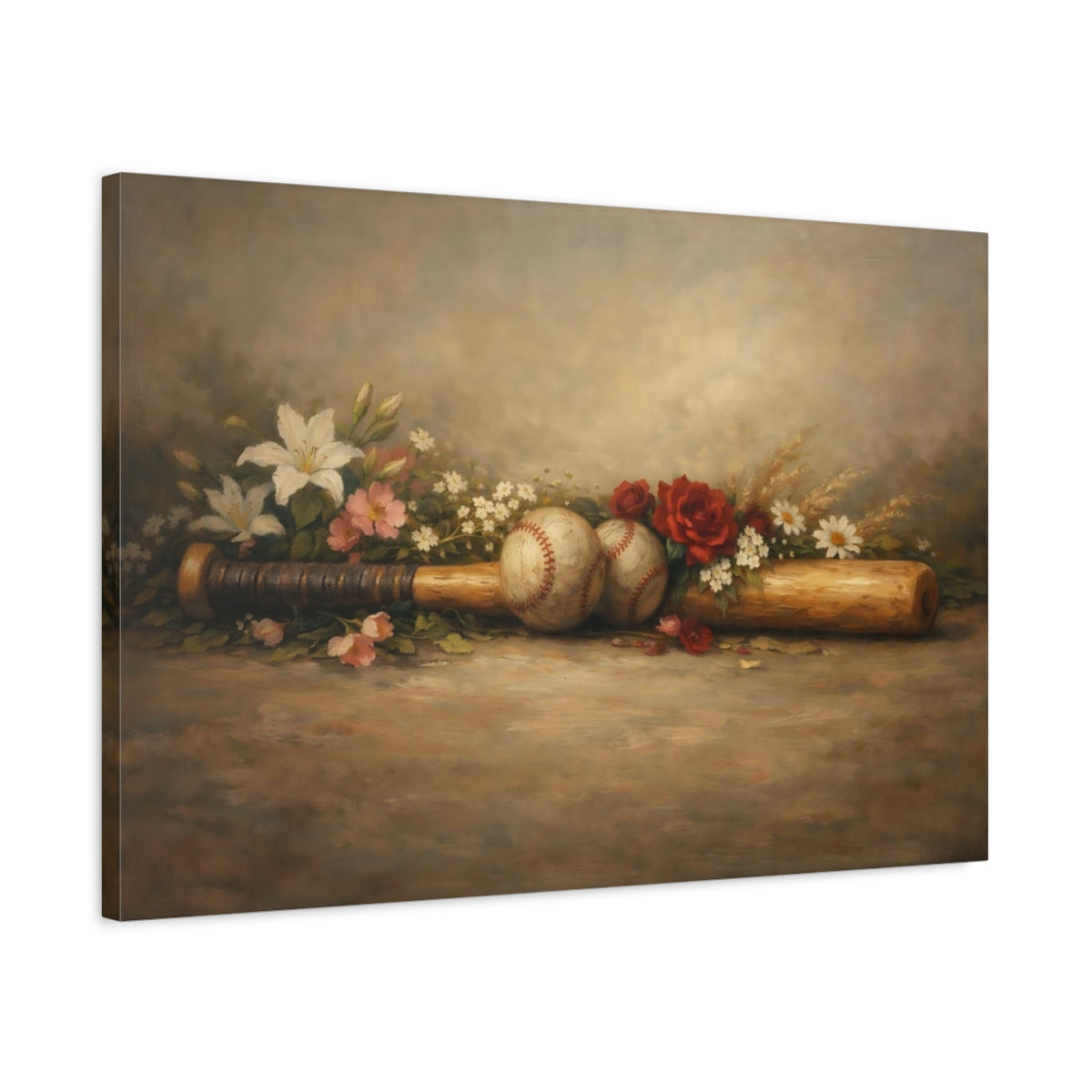 Side Mockup 2. Sports Baseball Still Life Vintage Baseball Art shown as stretched canvas wall art