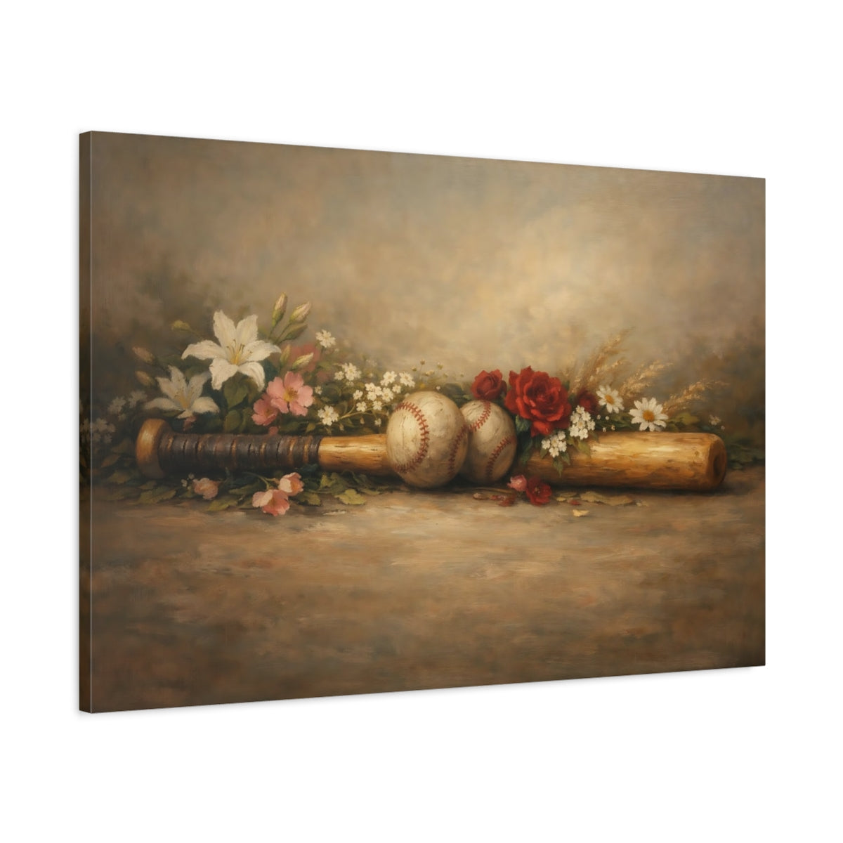 Side Mockup 1. Sports Baseball Still Life Vintage Baseball Art shown as stretched canvas wall art