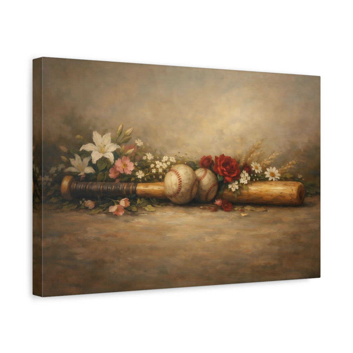 Side Mockup 4. Sports Baseball Still Life Vintage Baseball Art shown as stretched canvas wall art