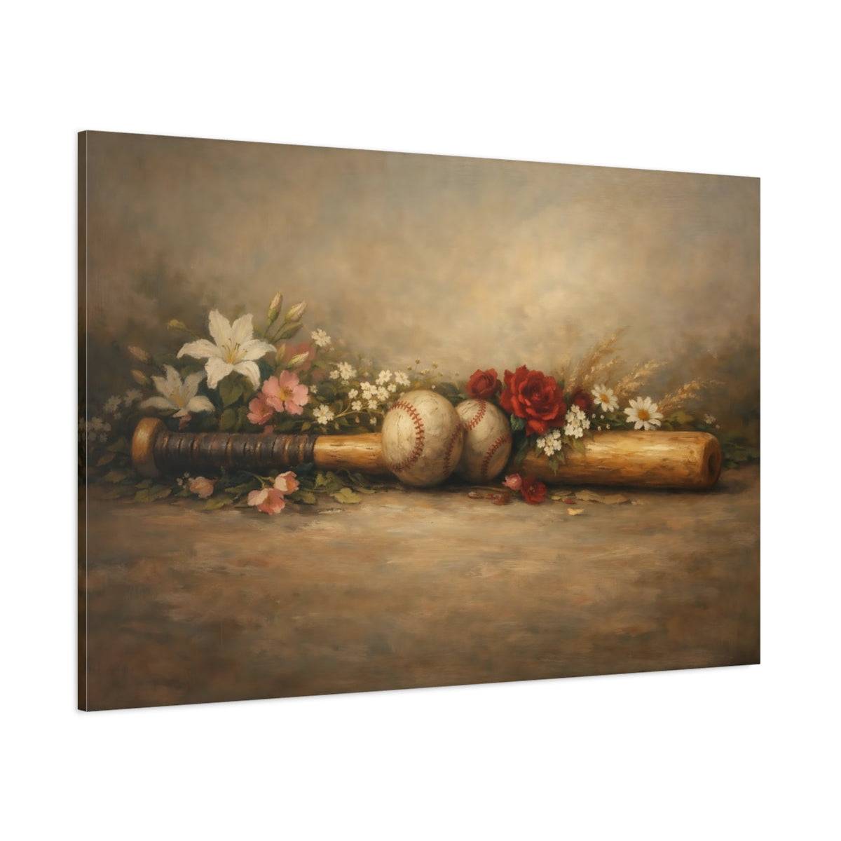 Main Mockup. Sports Baseball Still Life Vintage Baseball Art shown as stretched canvas wall art