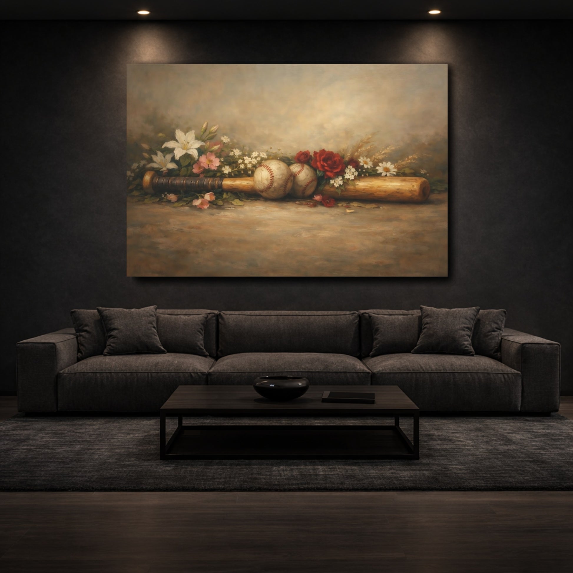 Mockup 2. Sports Baseball Still Life Vintage Baseball Art shown as stretched canvas wall art